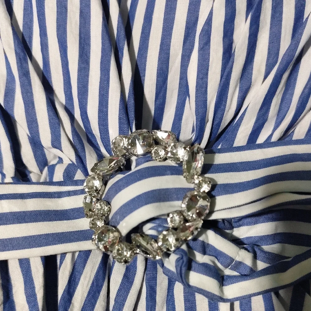 Zara Blue and White Striped Puff-Sleeve Wrap Blouse